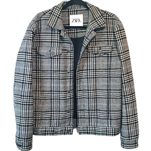 Zara Black Grey & Tan Plaid Jacket Shacket Coat Lumberjack Size Medium - Picture 1 of 10